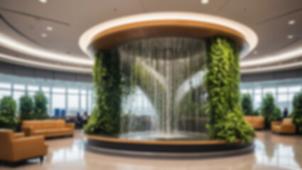 Blurred background of an artificial waterfall located in the middle of the airport with vines in a modern and environmentally friendly airport.