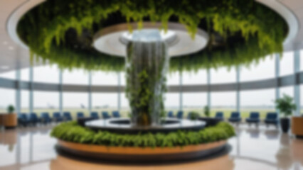Blurred background of an artificial waterfall located in the middle of the airport with vines in a modern and environmentally friendly airport.