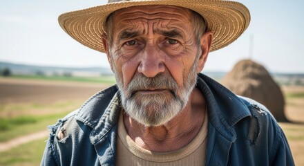 Fototapeta premium Elderly man with straw hat stands in rural field during sunny day reflecting hard work and dedication to farming