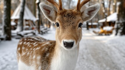 Obraz premium Young deer stands attentively in a snowy forest with cabins visible in the background during winter