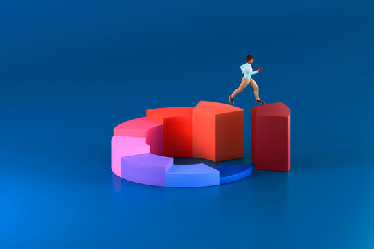 Business person running up 3D bar chart symbolizing success and growth
