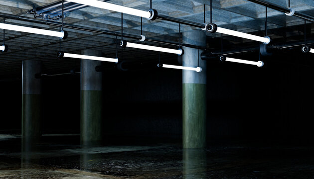 Underground industrial interior with concrete pillars and fluorescent lights