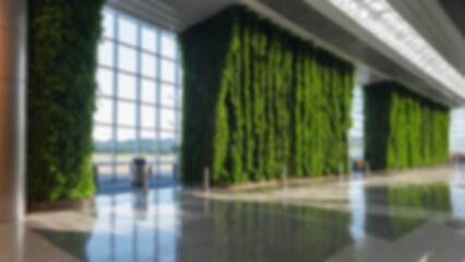 Blurred background of an artificial waterfall located in the middle of the airport with vines in a modern and environmentally friendly airport.
