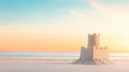 Sunset over a sand castle on the beach with gentle waves and serene sky colors