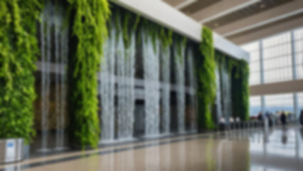 Blurred background of an artificial waterfall located in the middle of the airport with vines in a modern and environmentally friendly airport.