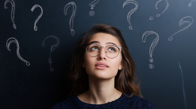 Young woman with glasses looking up surrounded by question marks on chalkboard background.
