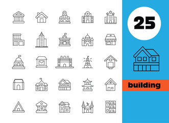 Collection of building icons representing various architectural styles and structures in a clean line art design