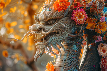 A majestic dragon statue adorned with vibrant and colorful flowers, symbolizing strength, beauty, and nature's harmony  