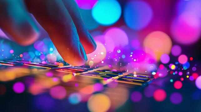 Close-up of hand typing on an illuminated keyboard with colorful bokeh light effects.
