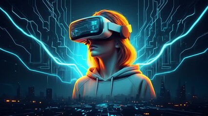 A person wearing a VR headset, immersed in a futuristic digital world with glowing blue circuits. - Powered by Adobe