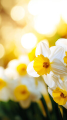 Obraz premium Fresh yellow and white daffodils blooming in sunlight with soft golden bokeh in the background. 