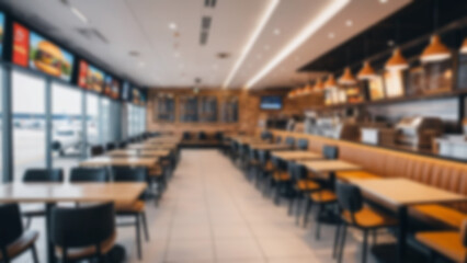 Blurred background of a burger shop in a modern airport, there are tables and chairs neatly lined up for visitors to sit.