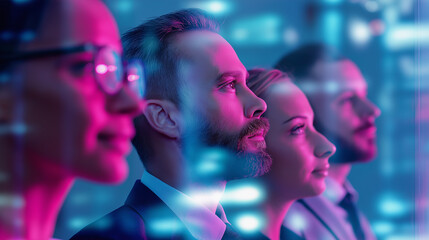 Group of focused professionals analyzing data with digital interface graphics overlayed.
