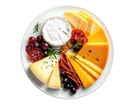 Overhead view of a beautifully arranged appetizer plate, filled with cheese, meats, and garnishes