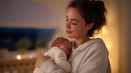 Young mother standing in a softly lit nursery, gently holding her newborn baby close to her chest, emotion of warmth and tenderness visible, symbolizing maternal love, early bonding, family care,