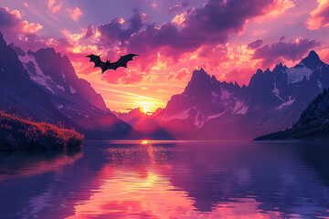 A majestic mountain sunset with a graceful bat soaring through the colorful sky, casting a shimmering reflection on the tranquil lake below, creating a peaceful and serene scene    