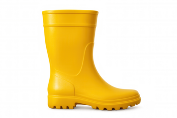 Yellow rubber rain boot, waterproof footwear for wet weather, protecting feet in rain puddles