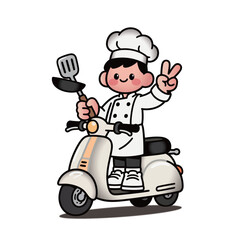 A cartoon chef riding a motorcycle
