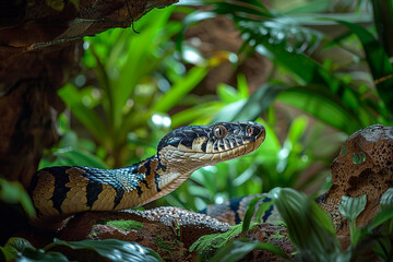 A majestic serpent peacefully resting in a lush, vibrant forest cave, showcasing the beauty and tranquility of nature  