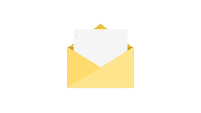 Open yellow envelope containing a letter with a red dot, representing communication, notification, message, or email on a white background, flat design style.
