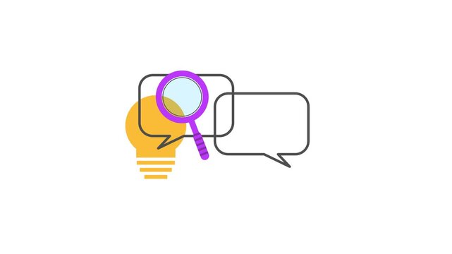 Lightbulb, magnifying glass and speech bubbles representing idea, research, and communication on a white background in a minimalist style.
