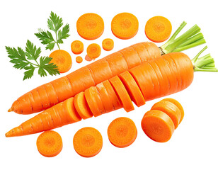 Fresh orange carrots, some sliced, with green tops and parsley, on a transparent background
