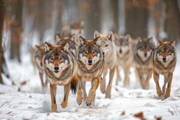 A majestic pack of wolves gracefully traversing the glistening snow-covered forest in perfect harmony, showcasing their strength and unity in the wild  