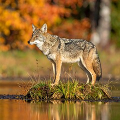 Obraz premium A coyote stands on a small island of green vegetation in a reflective body of water. Autumn colors frame the scene