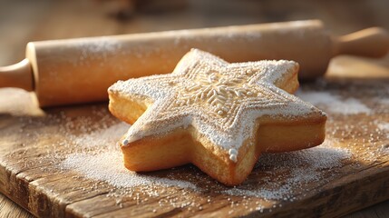 A freshly baked star cookie dusted with snow like sugar awaiting holiday cheer with a rustic wooden rolling pin in soft