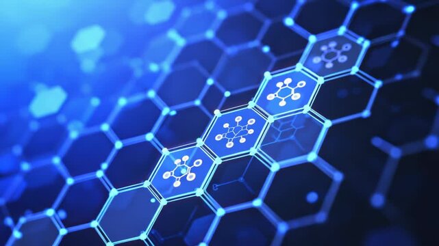 A close-up view of hexagonal structures in shades of blue, glowing with interconnected data points