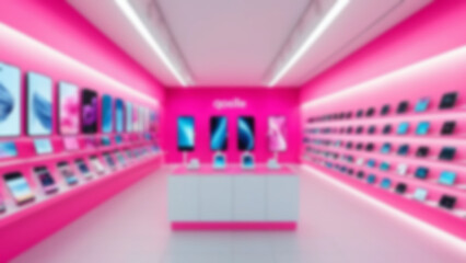 Blurred background of a modern cell phone shop with cell phones for sale neatly arranged on the shop shelves.