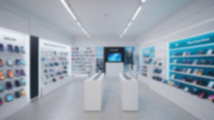 Blurred background of a modern cell phone shop with cell phones for sale neatly arranged on the shop shelves.