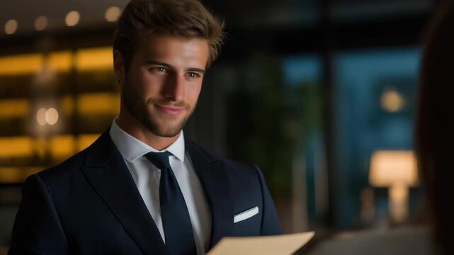 Butler delivering confidential documents to luxury office boardroom, showing absolute discretion, composed face concealing awareness of high-stakes corporate protocol and emotional discipline.