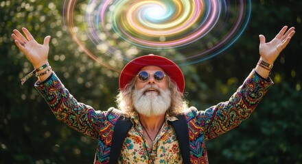 Man in colorful attire celebrating nature with hands raised and a swirl of light above in a vibrant outdoor setting