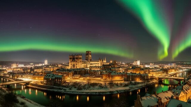 Spectacular Aurora Borealis Over Durham City at Night, UK