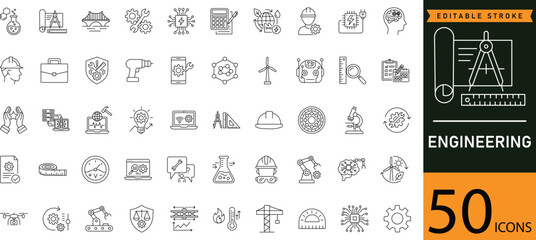 Minimal Engineering Line Icon Set 50 Outline Symbols for Industry, Tools, and Construction Design