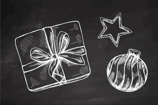 Hand drawn vintage chalk sketch of christmas gift box bauble and star on chalkboard background illustration