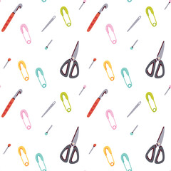 Scissors, pins and safety needles arranged in seamless pattern for sewing, tailoring and textile design themes.