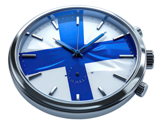 Watch face, featuring Finland's flag, with hands indicating the time. Silver case. Shiny design