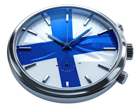 Watch face, featuring Finland's flag, with hands indicating the time. Silver case. Shiny design