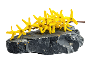 Bright yellow flowers cascade across a rough grey stone, isolated against a black background