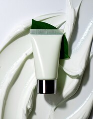 Light green tube of cream on white backdrop