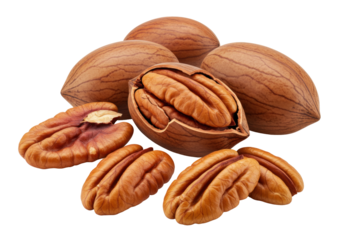 Isolated pecans, both shelled and unshelled, with their characteristic texture and pattern