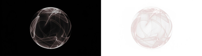Abstract spherical png overlay featuring delicate wisps of light on contrasting black and white backgrounds, creating a visually striking and ethereal design element for creative projects