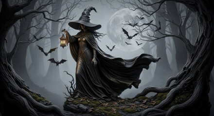 Mysterious Witch in a Black Cloak and Hat Holding a Lantern in a Spooky Forest with Bare Trees Bats and a Full Moon