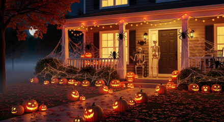 Halloween Night Illuminated by Jack-o'-Lanterns Spiders and Skeletons on a Mystical Foggy Porch with Autumn Leaves and Spooky Decorations