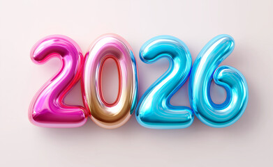 Colorful shiny 3D balloons forming number 2026 on white background, symbolizing new year celebration, future goals, and festive mood.
