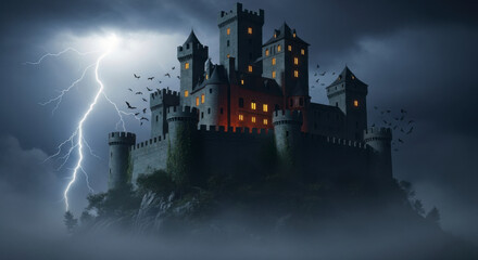 Dramatic Spooky Medieval Castle on a Hilltop During a Thunderstorm with Lightning Fog and Flying Bats at Night