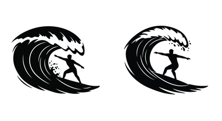 Silhouetted surfers riding powerful ocean waves in a striking black and white design