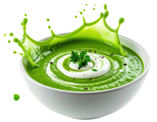 Delicious green soup with creamy swirl, garnished with parsley in a white bowl, splash effect